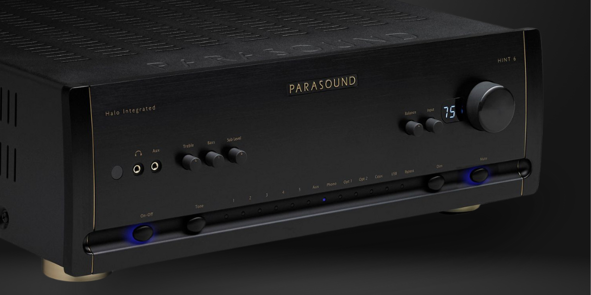 Front face plate of the Parasound Halo Into 6 Integrated Amplifier