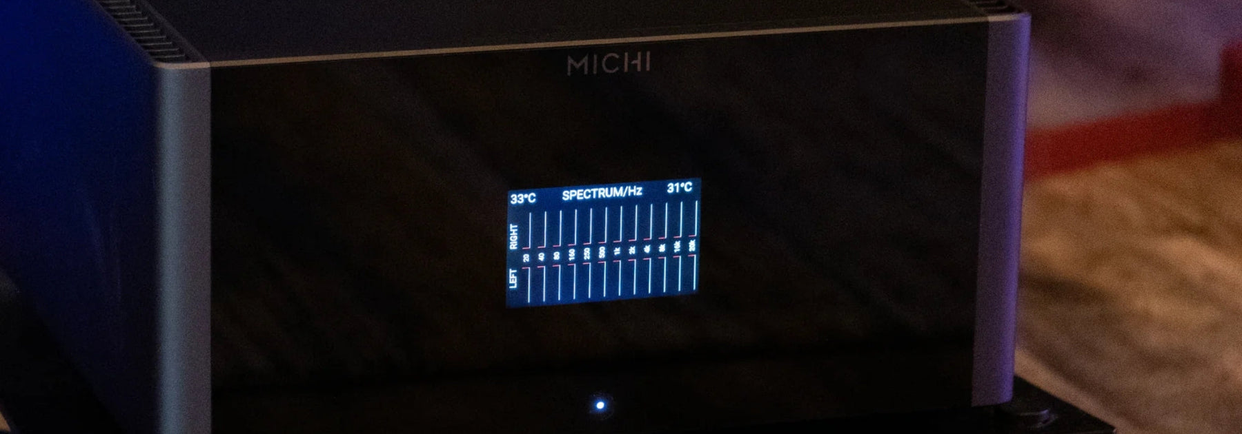 Michi S5 Stereo Amplifier in audiophile listening room