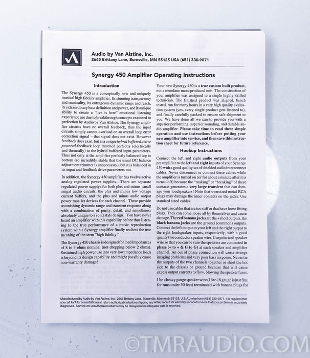 Van Alstine Synergy 450 Stereo Power Amplifier