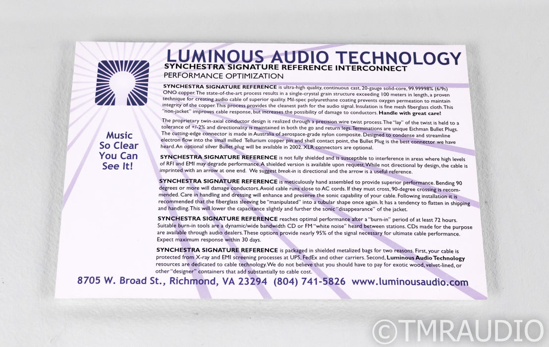 Luminous Audio Technology Synchestra Reference RCA Cables; 1m Pair Interconnects