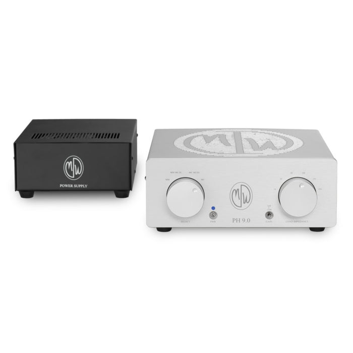 Silver ModWright PH 9.0XT Tube Phono Stage with Silver knobs with black power supply on white background
