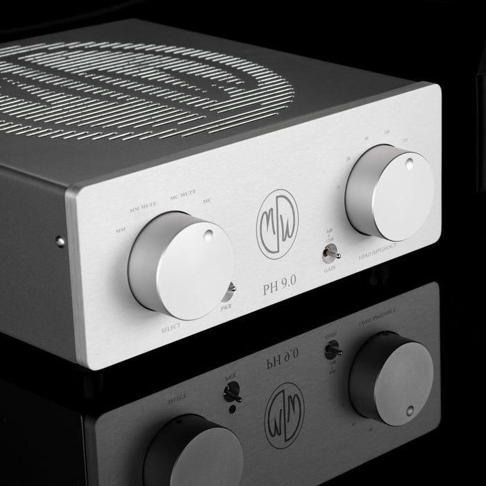 Hero shot of Silver ModWright PH 9.0XT Tube Phono Stage with silver knobs