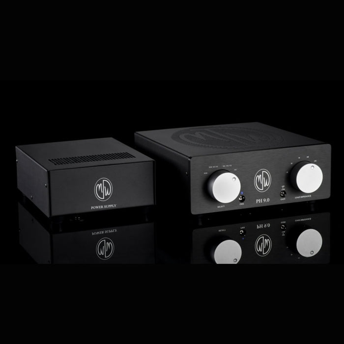 Hero shot of black finish ModWright PH 9.0XT Tube Phono Stage with included black finish power supply