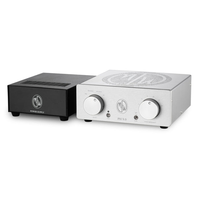 Silver ModWright PH 9.0XT Tube Phono Stage with black power supply on white background