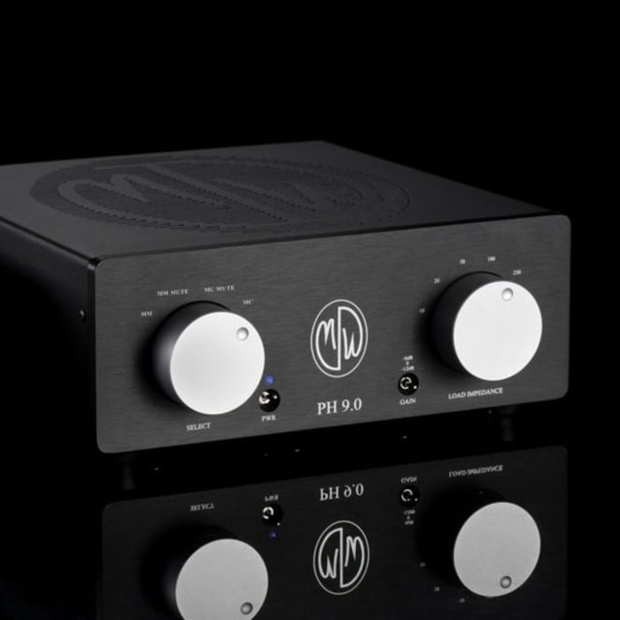 Hero shot of a black ModWright PH 9.0XT Tube Phono Stage with silver knobs