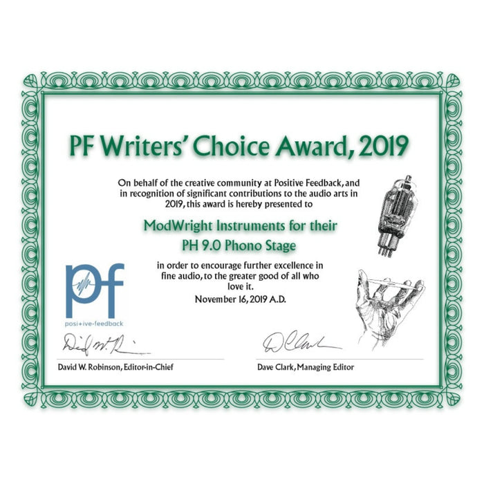 PF Writers Choice Award certificate for ModWright PH 9.0XT Tube Phono Stage