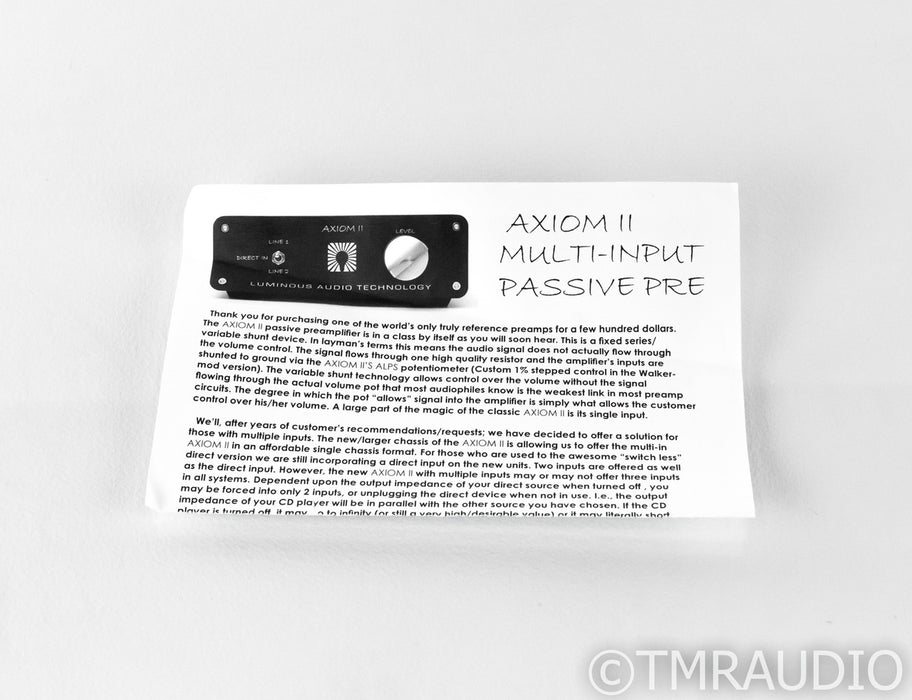 Luminous Audio Technology Axiom II Passive Stereo Preamplifier; Walker Mod