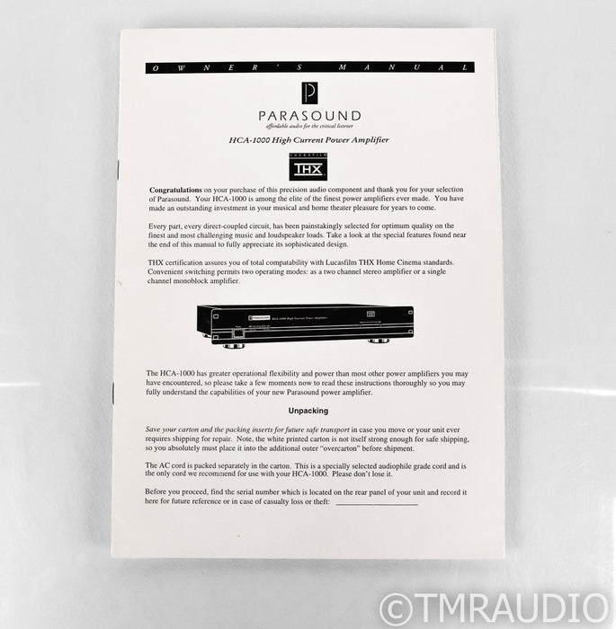 Parasound HCA-1000 Stereo Power Amplifier; HCA1000
