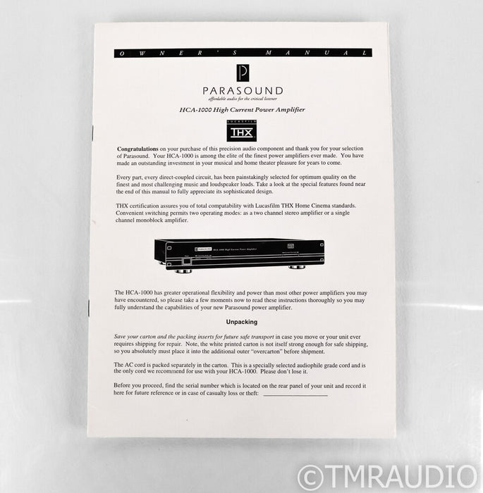 Parasound HCA-1000 Stereo Power Amplifier; HCA1000