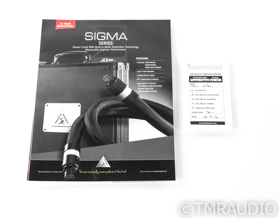 Shunyata Sigma Analog Power Cable; 1.25m AC Cord; ZiTron