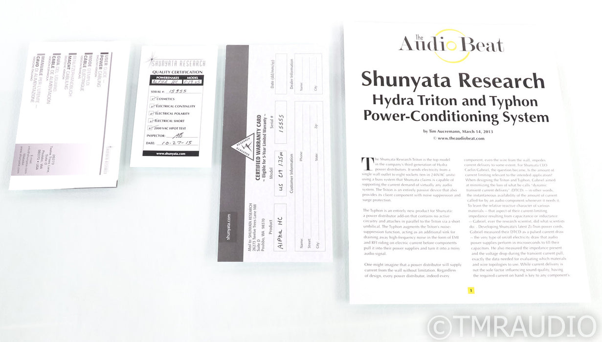 Shunyata Research Zitron Alpha HC Power Cord; 1.75m AC Cable; C19