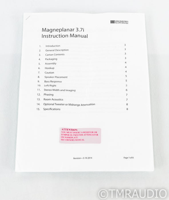 Magnepan MG 3.7i Planar Magnetic Speakers