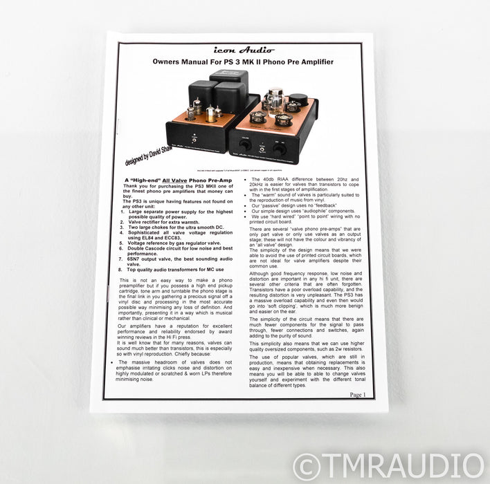 Icon Audio PS3 Mk II MM / MC Tube Phono Preamplifier; PS-3; Mk2