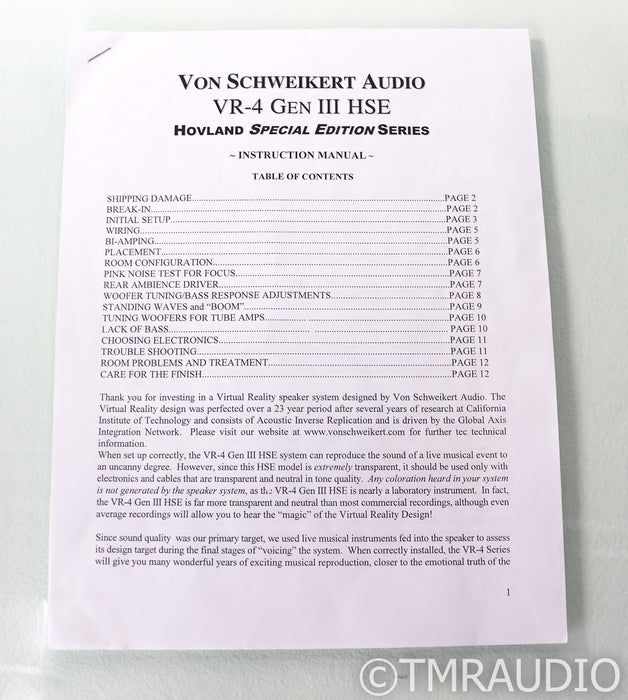 Von Schweikert VR-4 Mk 3 HSE Floorstanding Speakers; VR4; MkIII