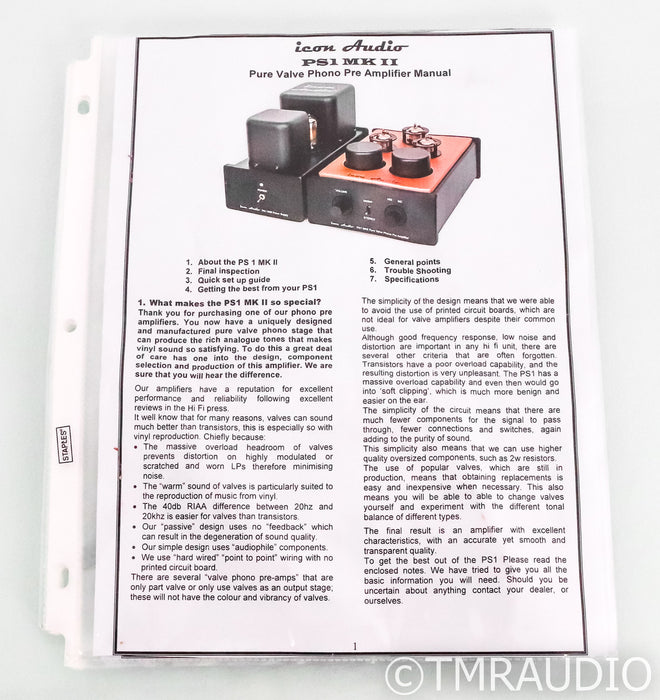 Icon Audio PS1 Mk II Pure Valve MM / MC Phono Preamplifier; PS-1; Mk2