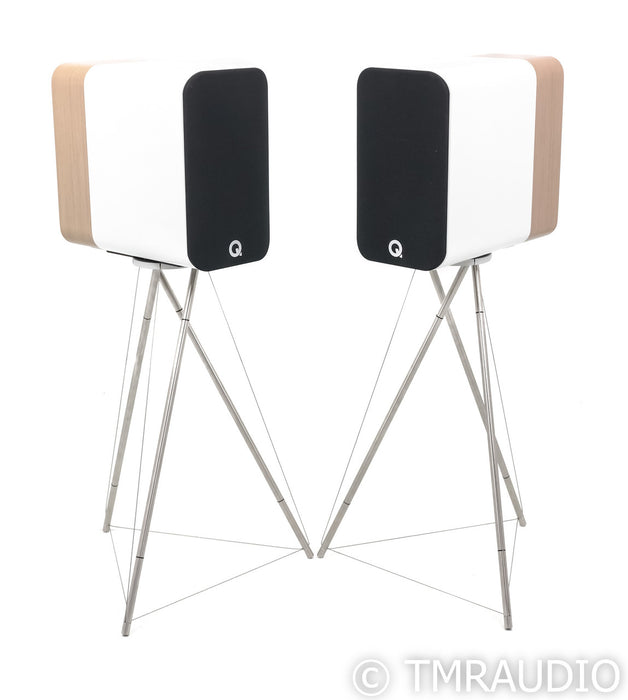 Q Acoustics Concept 300 Bookshelf Speakers; White / Light Oak Pair w/ Stands