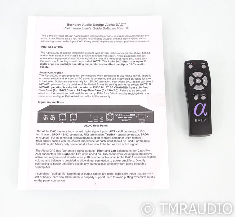 Berkeley Audio Design Alpha DAC D/A Converter; Series 1; Silver; Remote