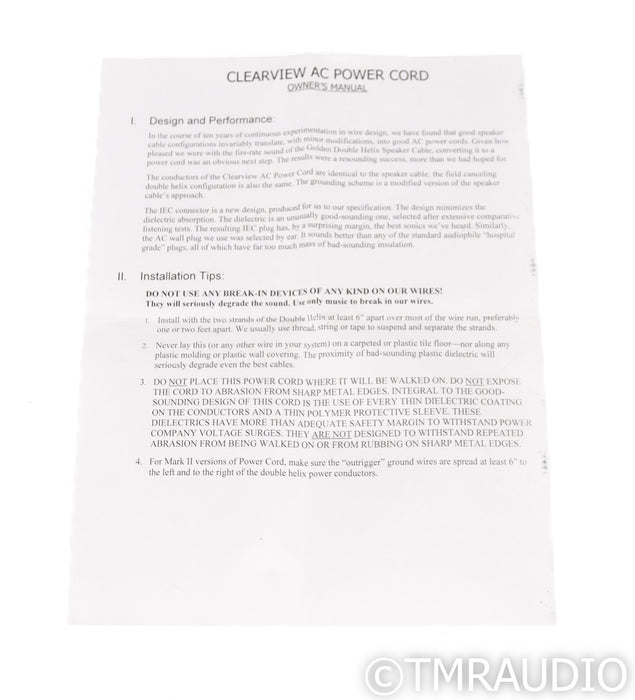 Mapleshade Clearview Double Helix MkII Plus Power Cable; 6ft AC Cord