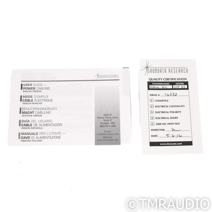 Shunyata Research ZiTron Alpha HC Power Cable; 1.75m AC Cord