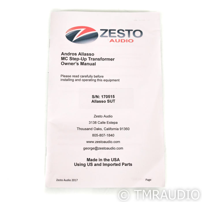 Zesto Audio Andros Allasso Moving Coil Step-Up Transformer; SUT; Passive