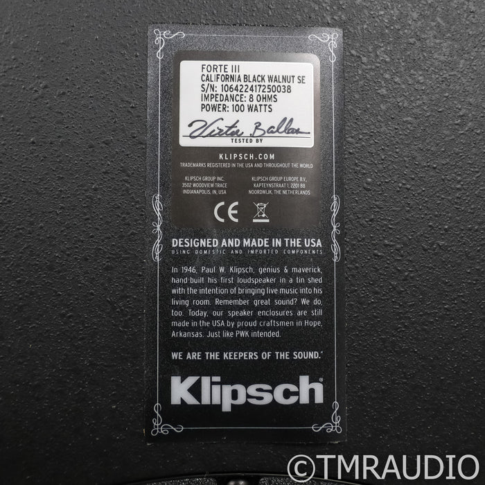 Klipsch Forte III SE Floorstanding Speakers; California Black Walnut Pair