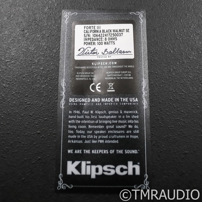 Klipsch Forte III SE Floorstanding Speakers; California Black Walnut Pair