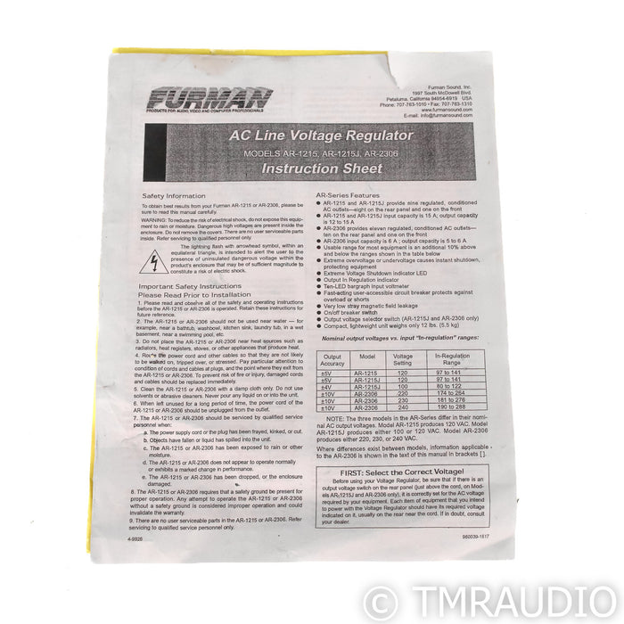 Furman AR-1215 AC Power Conditioner; Black