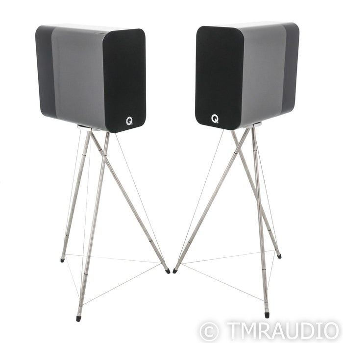 Q Acoustic Concept 300 Bookshelf Speakers; Silver and Ebony Pair w/ Stands