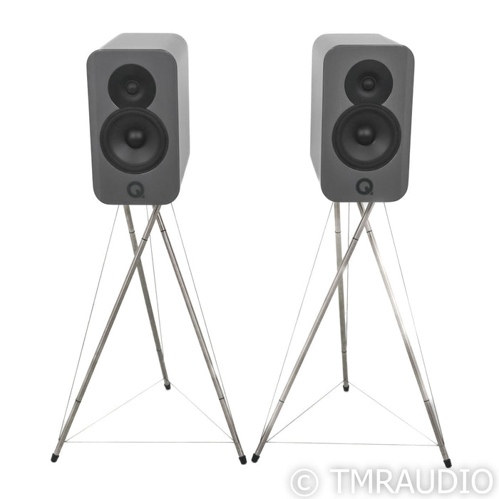 Q Acoustic Concept 300 Bookshelf Speakers; Silver and Ebony Pair w/ Stands
