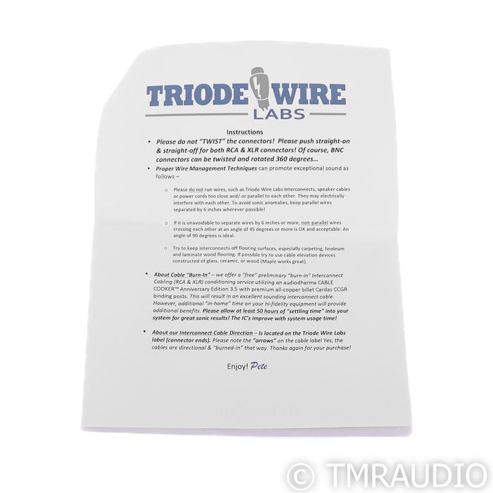 Triode Wire Labs Spirit II Phono RCA Cable; .7m Pair Interconnects