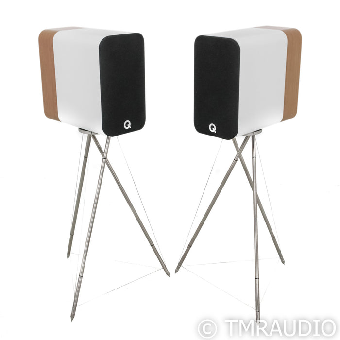 Q Acoustics Concept 300 Bookshelf Speakers; White & Light Oak Pair with Stands