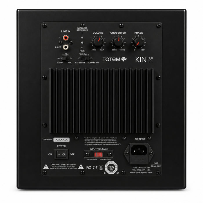 Back of the black Totem Acoustic KIN Sub 10 Wireless Subwoofer on white background