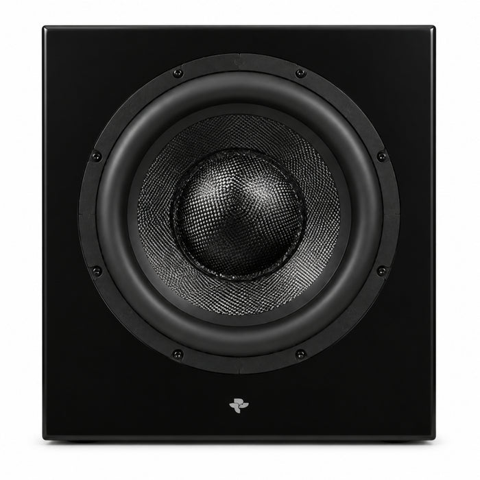 Front of the black Totem Acoustic KIN Sub 10 Wireless Subwoofer on white background