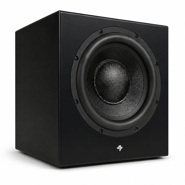 Front left-angled view of the black Totem Acoustic KIN Sub 10 Wireless Subwoofer on white background