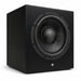 Front left-angled view of the black Totem Acoustic KIN Sub 10 Wireless Subwoofer on white background