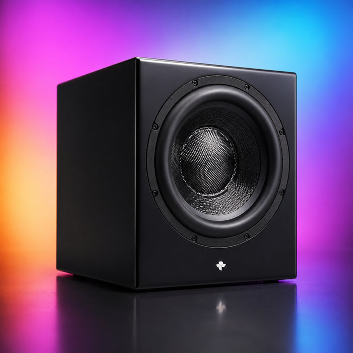 Black KIN Sub 10 Subwoofer hero shot in colorful background