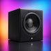 Black KIN Sub 10 Subwoofer hero shot in colorful background