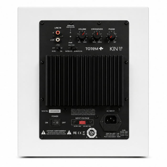 Back of the white Totem Acoustic KIN Sub 10 Wireless Subwoofer on white background