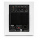 Back of the white Totem Acoustic KIN Sub 10 Wireless Subwoofer on white background