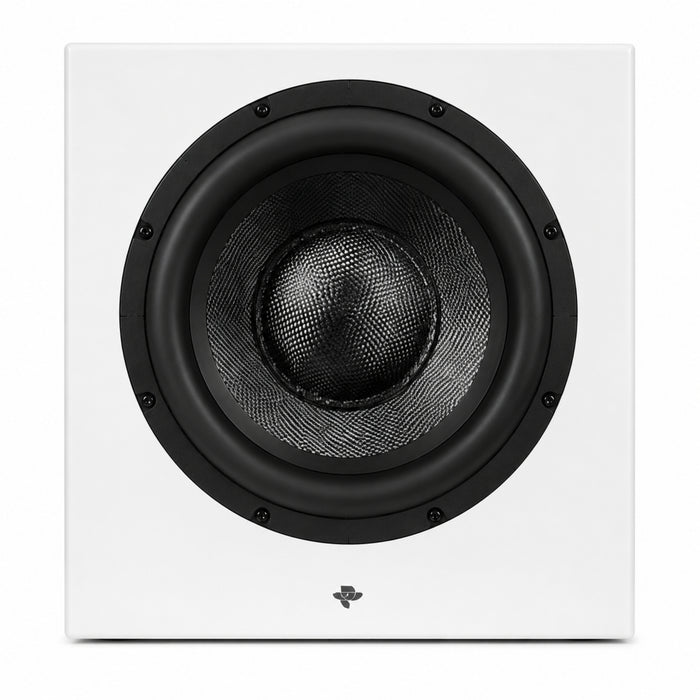 Front of the white Totem Acoustic KIN Sub 10 Wireless Subwoofer on white background