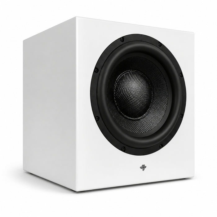 Front left-angled view of the white Totem Acoustic KIN Sub 10 Wireless Subwoofer on white background