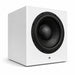 Front left-angled view of the white Totem Acoustic KIN Sub 10 Wireless Subwoofer on white background