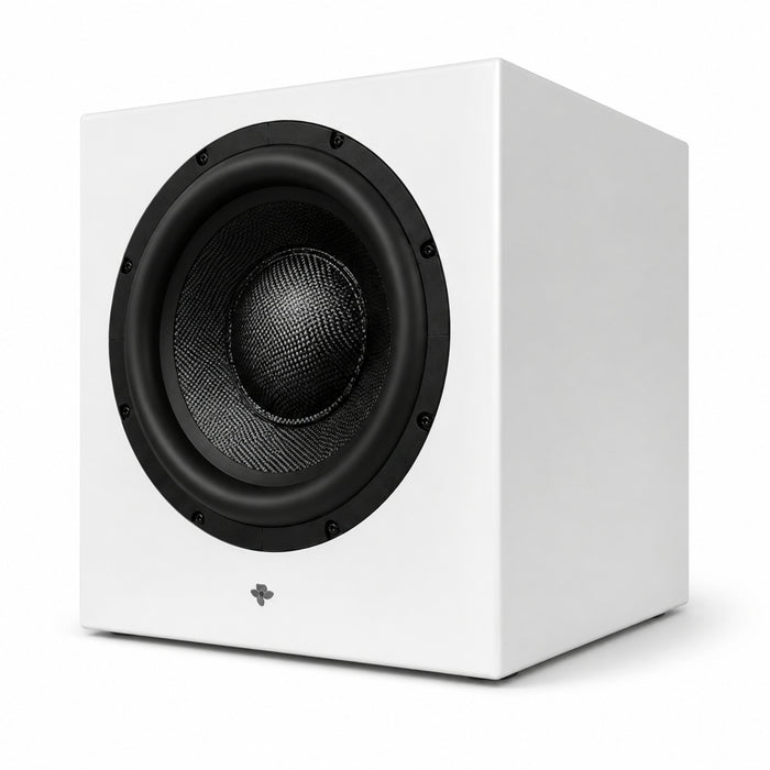 Front right-angled view of the white Totem Acoustic KIN Sub 10 Wireless Subwoofer on white background