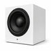 Front right-angled view of the white Totem Acoustic KIN Sub 10 Wireless Subwoofer on white background