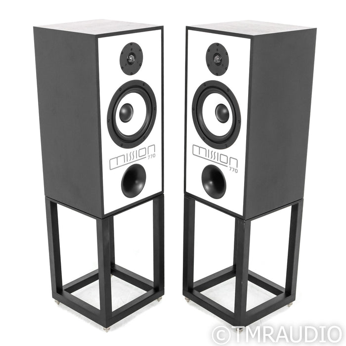 Mission 770 Bookshelf Speakers; Black Oak Pair w/ Stands