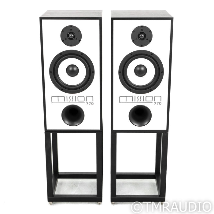 Mission 770 Bookshelf Speakers; Black Oak Pair w/ Stands
