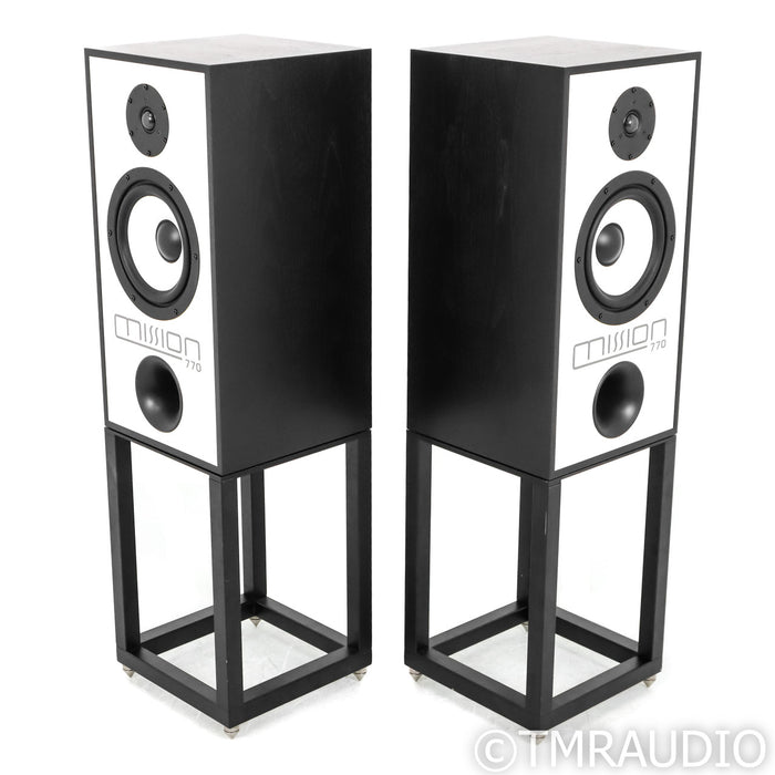 Mission 770 Bookshelf Speakers; Black Oak Pair w/ Stands