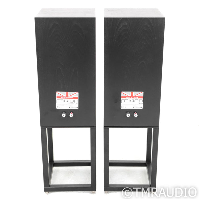 Mission 770 Bookshelf Speakers; Black Oak Pair w/ Stands