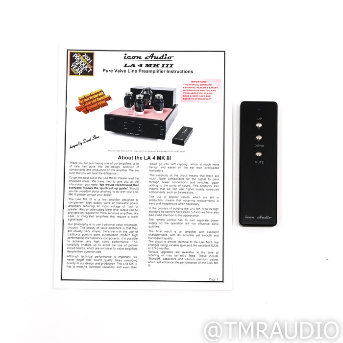 Icon Audio LA4 MkIII Signature Tube Stereo Preamplifier; Upgraded Caps