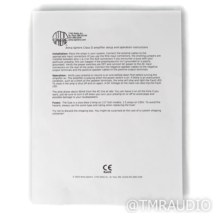 Atma-Sphere Class D Monoblock Power Amplifiers; Pair